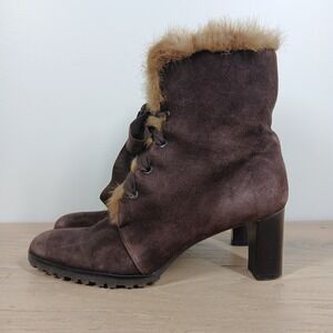 LOFT Ann Taylor Boots Womens 7 Brown Leather Ankle Fur Block Heel Dark Academia